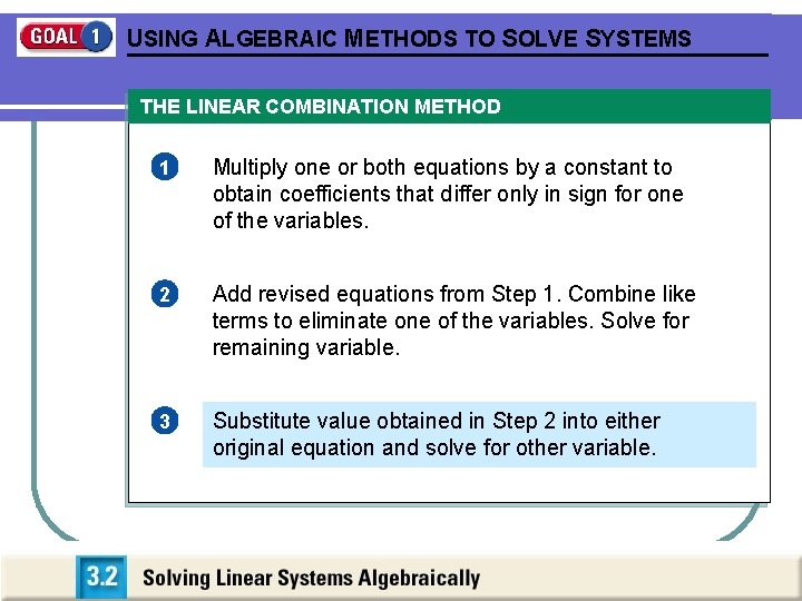 USING ALGEBRAIC METHODS TO SOLVE SYSTEMS THE LINEAR COMBINATION METHOD 1 Multiply one or