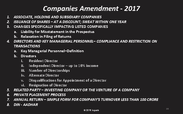 Companies Amendment - 2017 1. ASSOCIATE, HOLDING AND SUBSIDIARY COMPANIES 2. ISSUANCE OF SHARES