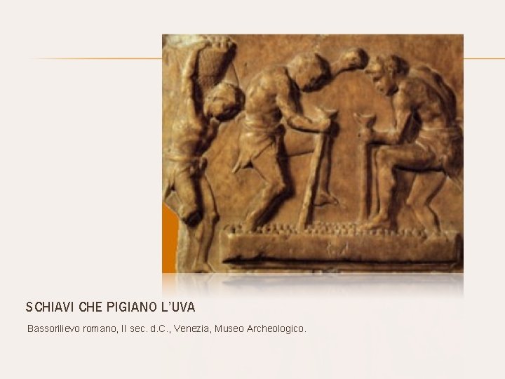 SCHIAVI CHE PIGIANO L’UVA Bassorilievo romano, II sec. d. C. , Venezia, Museo Archeologico.