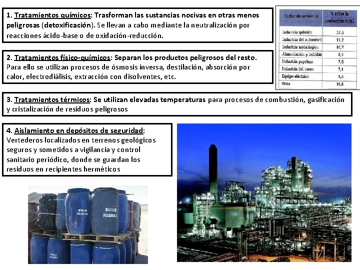 1. Tratamientos químicos: Trasforman las sustancias nocivas en otras menos peligrosas (detoxificación). Se llevan