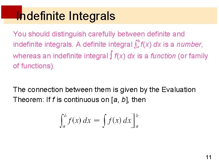 Indefinite Integrals You should distinguish carefully between definite and indefinite integrals. A definite integral