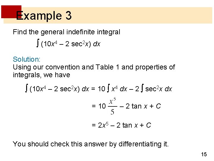 Example 3 Find the general indefinite integral (10 x 4 – 2 sec 2