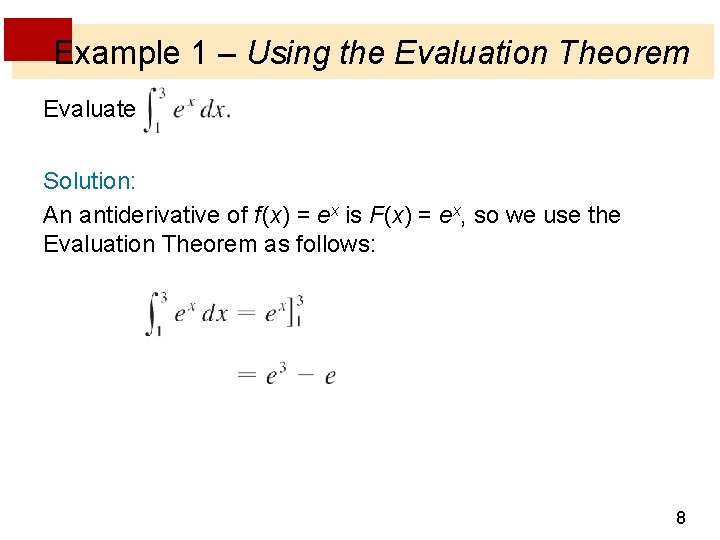 Example 1 – Using the Evaluation Theorem Evaluate Solution: An antiderivative of f (x)
