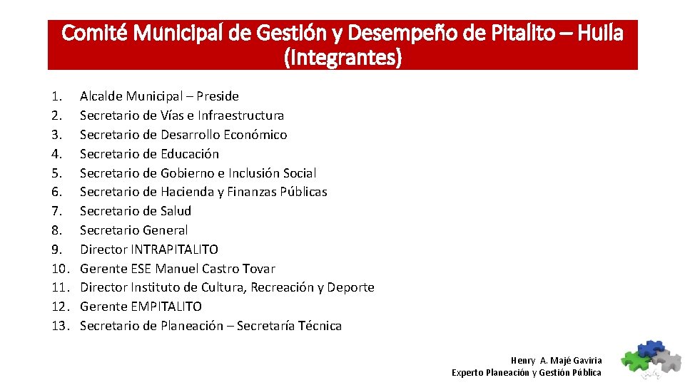 Comité Municipal de Gestión y Desempeño de Pitalito – Huila (Integrantes) 1. 2. 3.