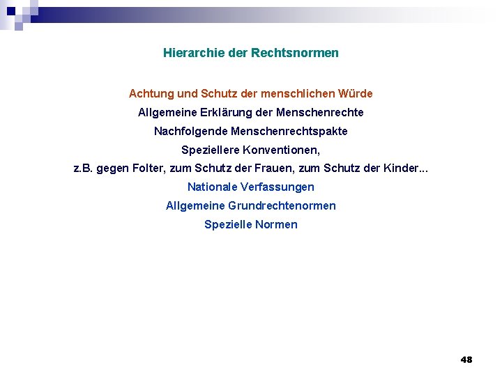Hierarchie der Rechtsnormen Achtung und Schutz der menschlichen Würde Allgemeine Erklärung der Menschenrechte Nachfolgende Hierarchie der Rechtsnormen Achtung und Schutz der menschlichen Würde Allgemeine Erklärung der Menschenrechte Nachfolgende