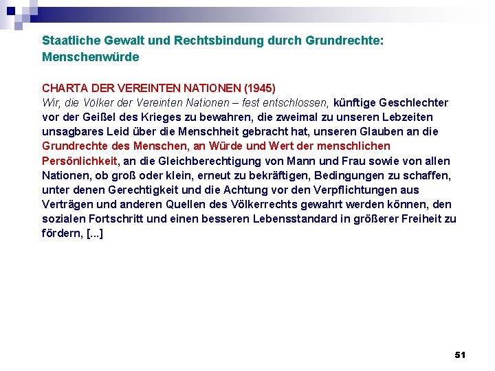 Staatliche Gewalt und Rechtsbindung durch Grundrechte: Menschenwürde CHARTA DER VEREINTEN NATIONEN (1945) Wir, die Staatliche Gewalt und Rechtsbindung durch Grundrechte: Menschenwürde CHARTA DER VEREINTEN NATIONEN (1945) Wir, die