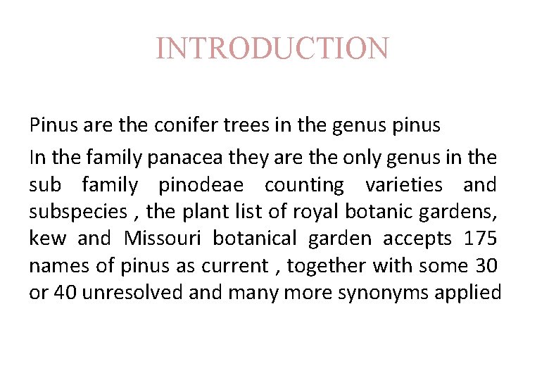INTRODUCTION Pinus are the conifer trees in the genus pinus In the family panacea