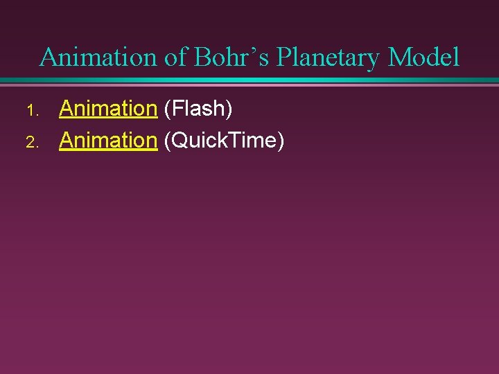 Animation of Bohr’s Planetary Model 1. 2. Animation (Flash) Animation (Quick. Time) 