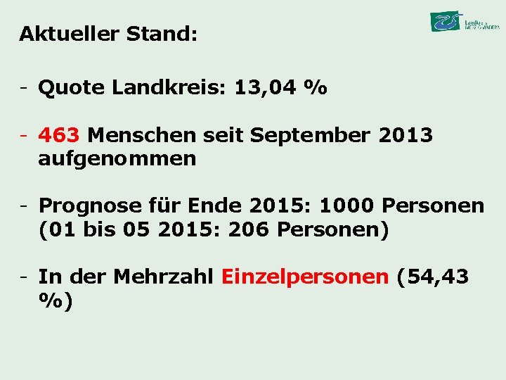 Aktueller Stand: - Quote Landkreis: 13, 04 % - 463 Menschen seit September 2013