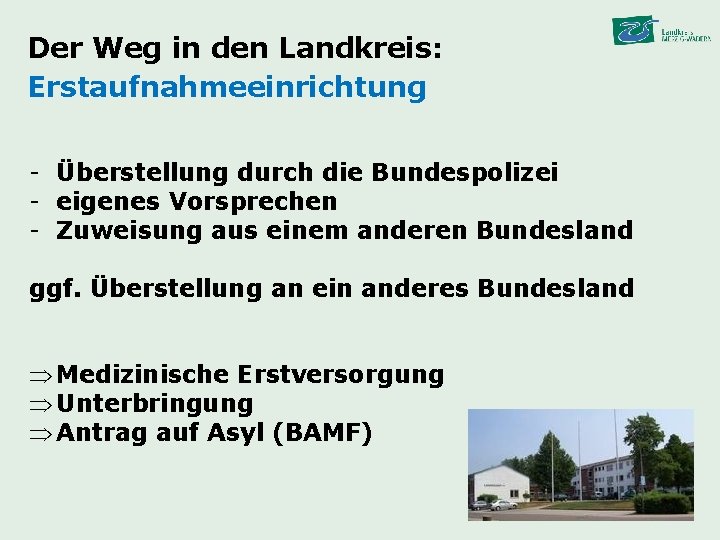 Der Weg in den Landkreis: Erstaufnahmeeinrichtung - Überstellung durch die Bundespolizei - eigenes Vorsprechen