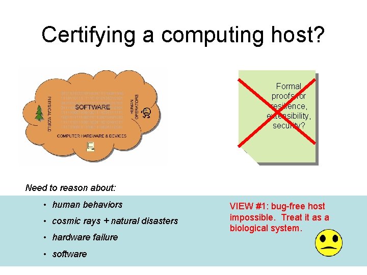 Certifying a computing host? Formal proofs for resilience, extensibility, security? Need to reason about: