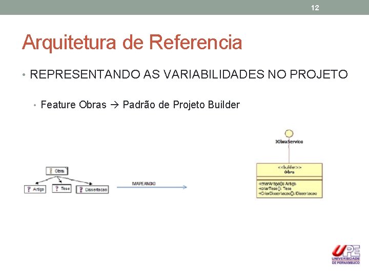 12 Arquitetura de Referencia • REPRESENTANDO AS VARIABILIDADES NO PROJETO • Feature Obras Padrão