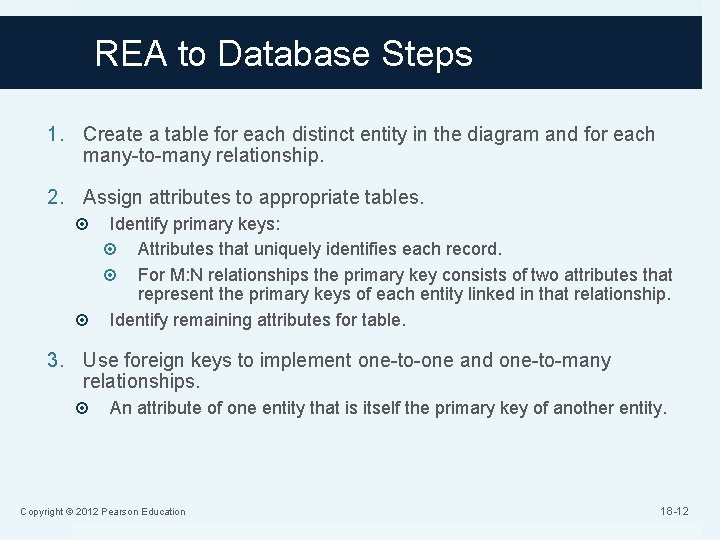 REA to Database Steps 1. Create a table for each distinct entity in the