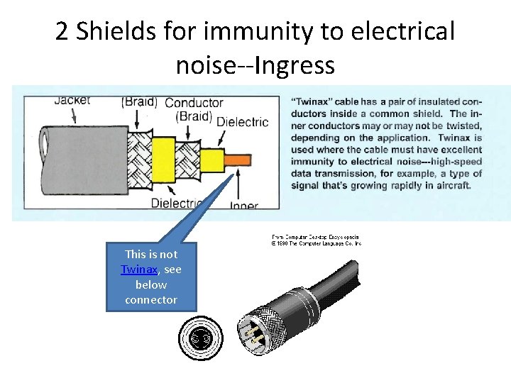 2 Shields for immunity to electrical noise--Ingress This is not Twinax, see below connector