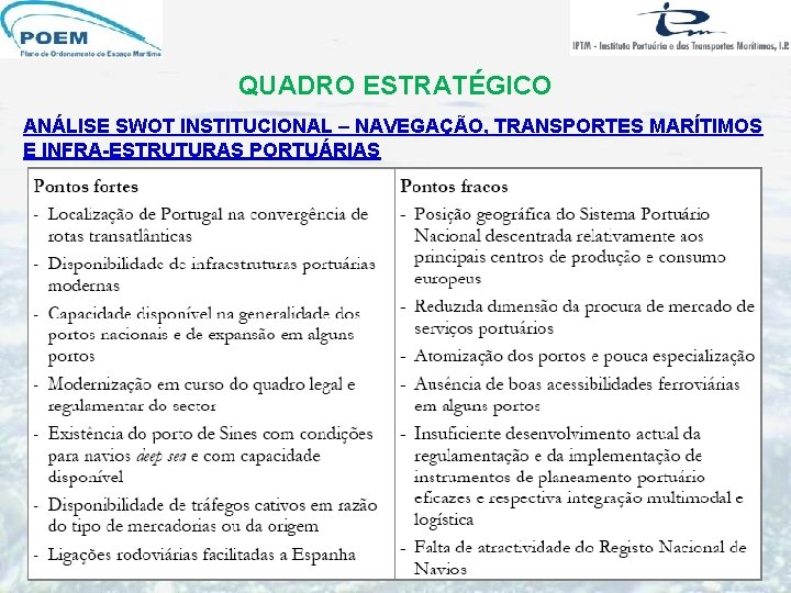 QUADRO ESTRATÉGICO ANÁLISE SWOT INSTITUCIONAL – NAVEGAÇÃO, TRANSPORTES MARÍTIMOS E INFRA-ESTRUTURAS PORTUÁRIAS QUADRO ESTRATÉGICO ANÁLISE SWOT INSTITUCIONAL – NAVEGAÇÃO, TRANSPORTES MARÍTIMOS E INFRA-ESTRUTURAS PORTUÁRIAS