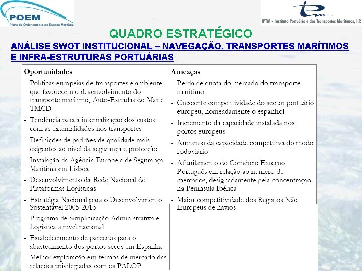 QUADRO ESTRATÉGICO ANÁLISE SWOT INSTITUCIONAL – NAVEGAÇÃO, TRANSPORTES MARÍTIMOS E INFRA-ESTRUTURAS PORTUÁRIAS QUADRO ESTRATÉGICO ANÁLISE SWOT INSTITUCIONAL – NAVEGAÇÃO, TRANSPORTES MARÍTIMOS E INFRA-ESTRUTURAS PORTUÁRIAS