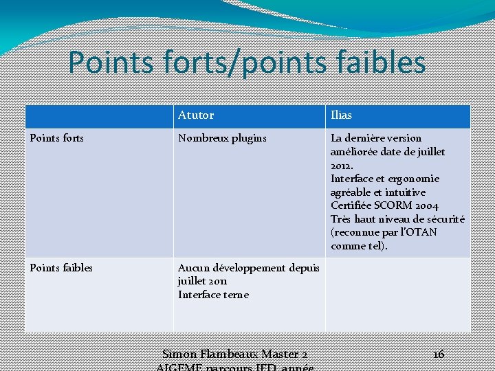 Points forts/points faibles Atutor Ilias Points forts Nombreux plugins La dernière version améliorée date