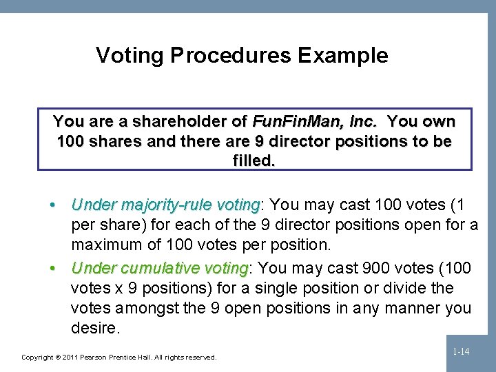 Voting Procedures Example You are a shareholder of Fun. Fin. Man, Inc. You own