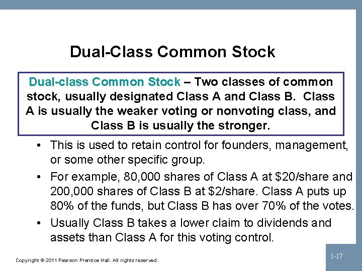 Dual-Class Common Stock Dual-class Common Stock – Two classes of common stock, usually designated
