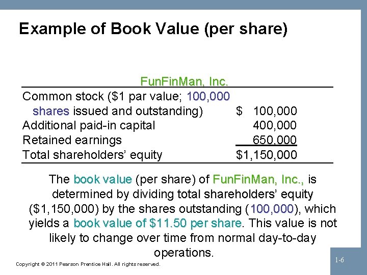 Example of Book Value (per share) Fun. Fin. Man, Inc. Common stock ($1 par