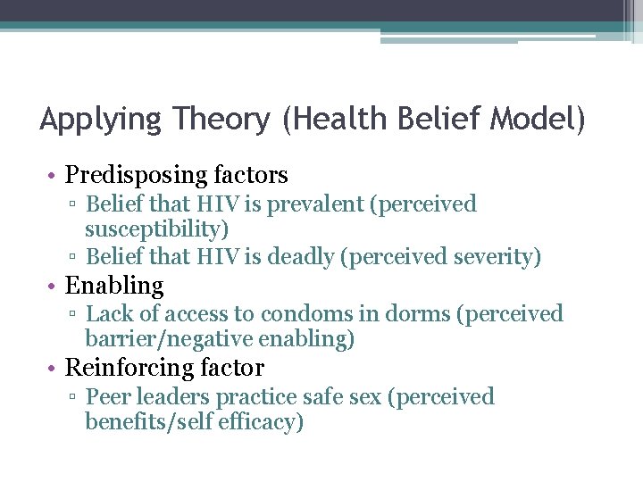 Applying Theory (Health Belief Model) • Predisposing factors ▫ Belief that HIV is prevalent