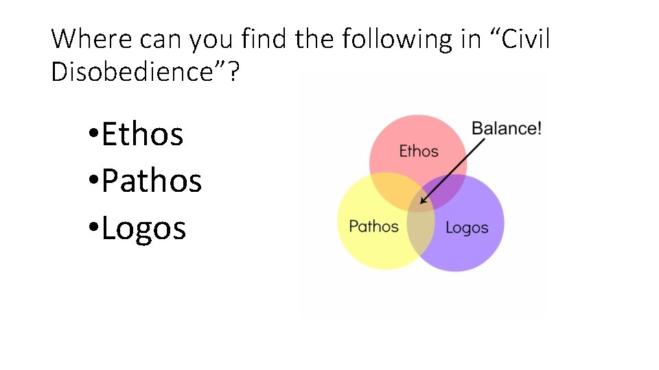 Where can you find the following in “Civil Disobedience”? • Ethos • Pathos •