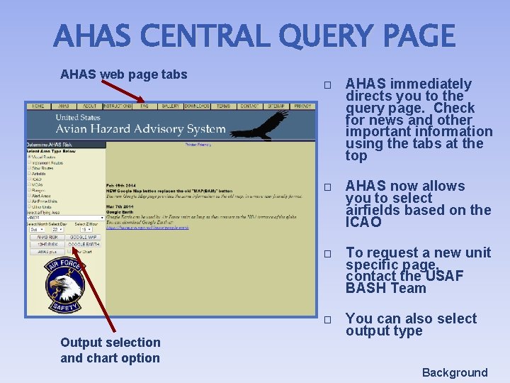 AHAS CENTRAL QUERY PAGE AHAS web page tabs Output selection and chart option �