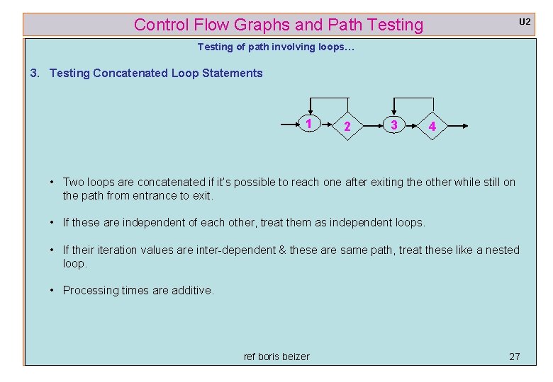 Control Flow Graphs and Path Testing U 2 Testing of path involving loops… 3.