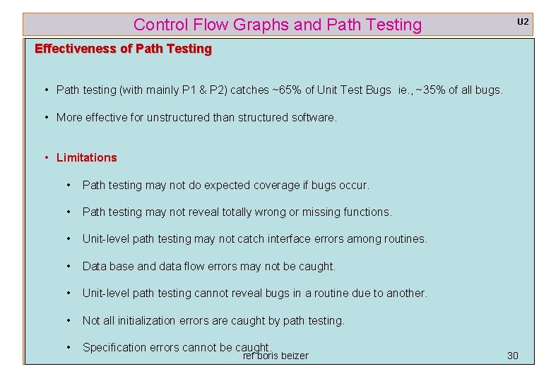 Control Flow Graphs and Path Testing U 2 Effectiveness of Path Testing • Path