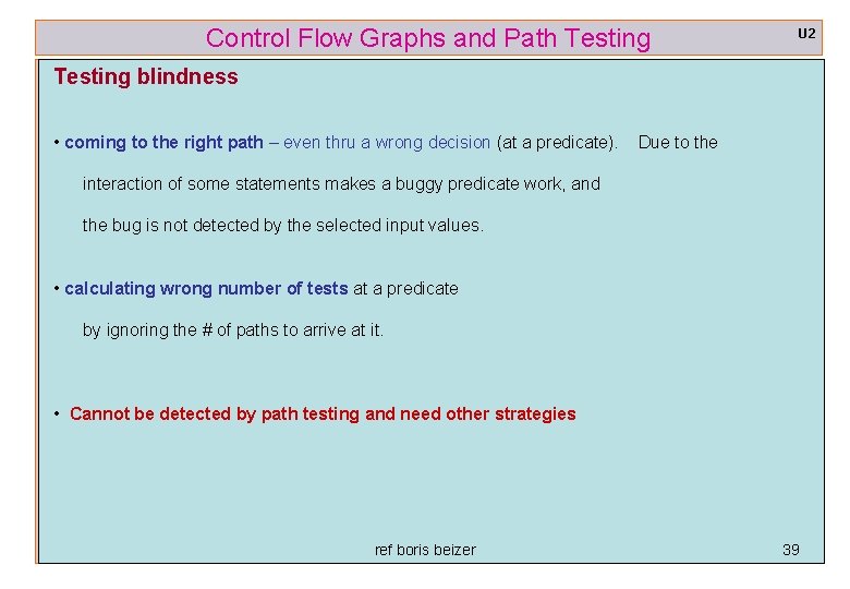 Control Flow Graphs and Path Testing U 2 Testing blindness • coming to the