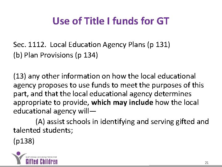 Use of Title I funds for GT Sec. 1112. Local Education Agency Plans (p Use of Title I funds for GT Sec. 1112. Local Education Agency Plans (p
