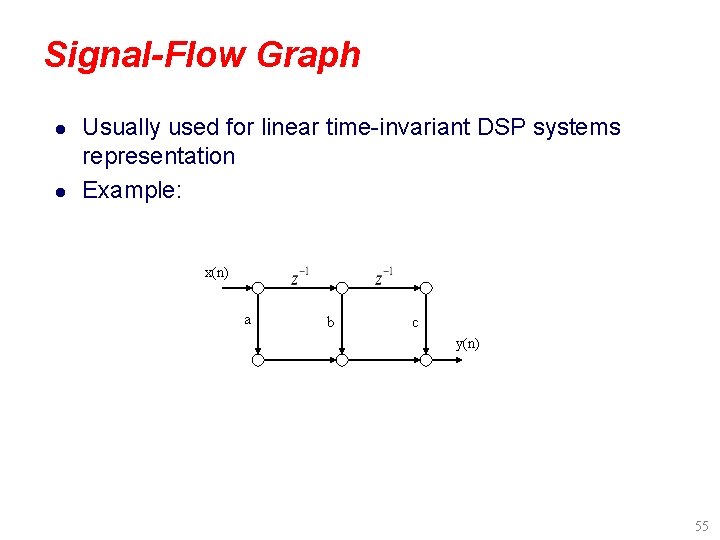 Signal-Flow Graph l l Usually used for linear time-invariant DSP systems representation Example: x(n)