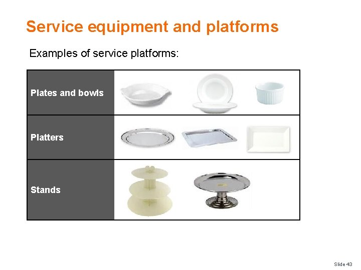 Service equipment and platforms Examples of service platforms: Plates and bowls Platters Stands Slide