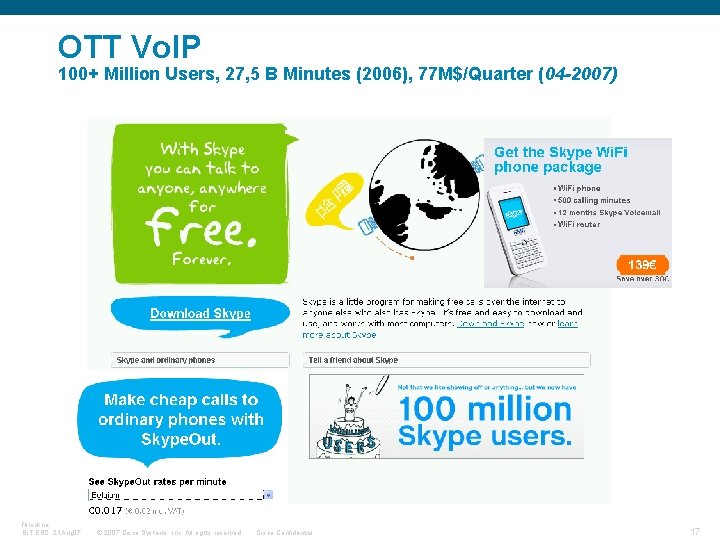 OTT Vo. IP 100+ Million Users, 27, 5 B Minutes (2006), 77 M$/Quarter (04