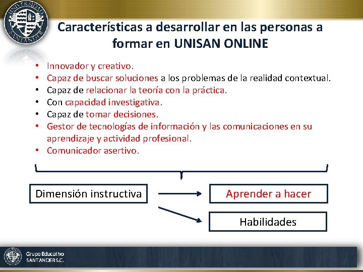 Características a desarrollar en las personas a formar en UNISAN ONLINE Innovador y creativo.