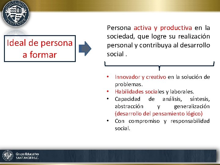 Ideal de persona a formar Persona activa y productiva en la sociedad, que logre
