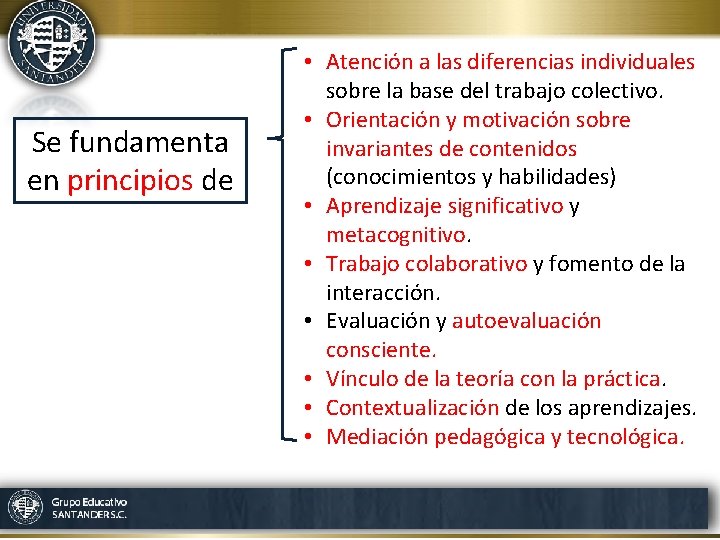 Se fundamenta en principios de • Atención a las diferencias individuales sobre la base