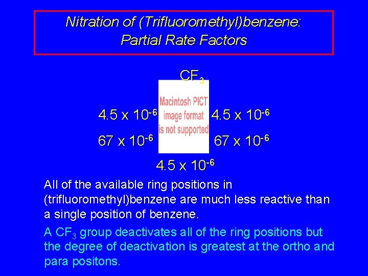Nitration of (Trifluoromethyl)benzene: Partial Rate Factors CF 3 4. 5 x 10 -6 67
