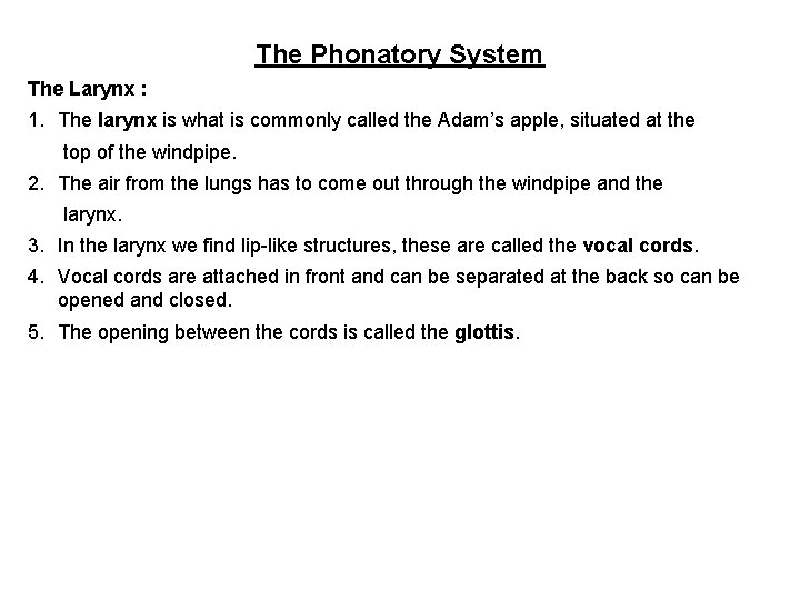 The Phonatory System The Larynx : 1. The larynx is what is commonly called