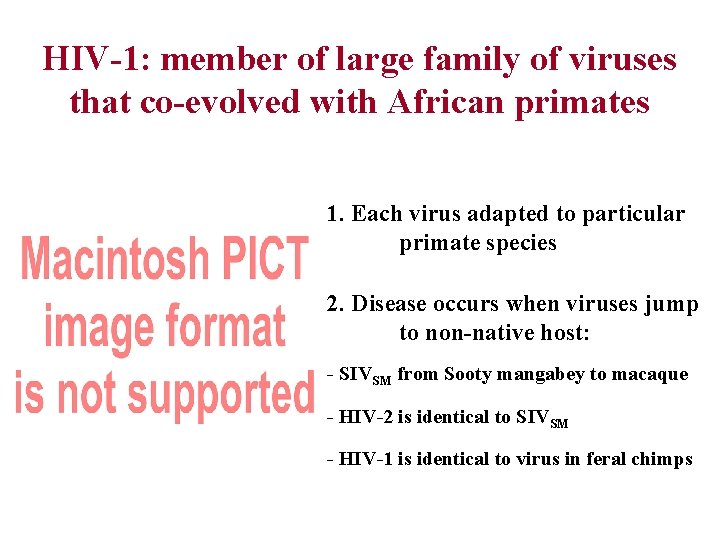 HIV-1: member of large family of viruses that co-evolved with African primates 1. Each