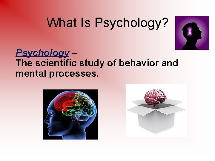 What Is Psychology? Psychology – The scientific study of behavior and mental processes. 