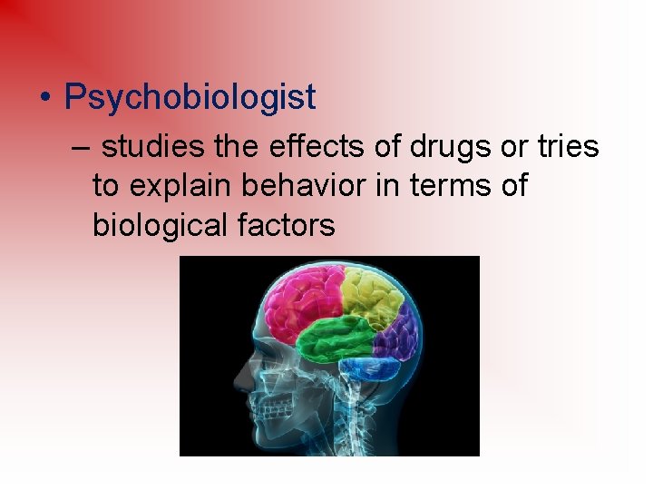  • Psychobiologist – studies the effects of drugs or tries to explain behavior