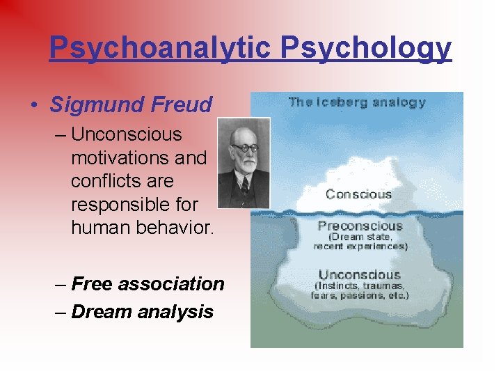 Psychoanalytic Psychology • Sigmund Freud – Unconscious motivations and conflicts are responsible for human