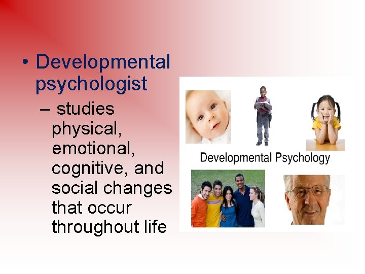  • Developmental psychologist – studies physical, emotional, cognitive, and social changes that occur