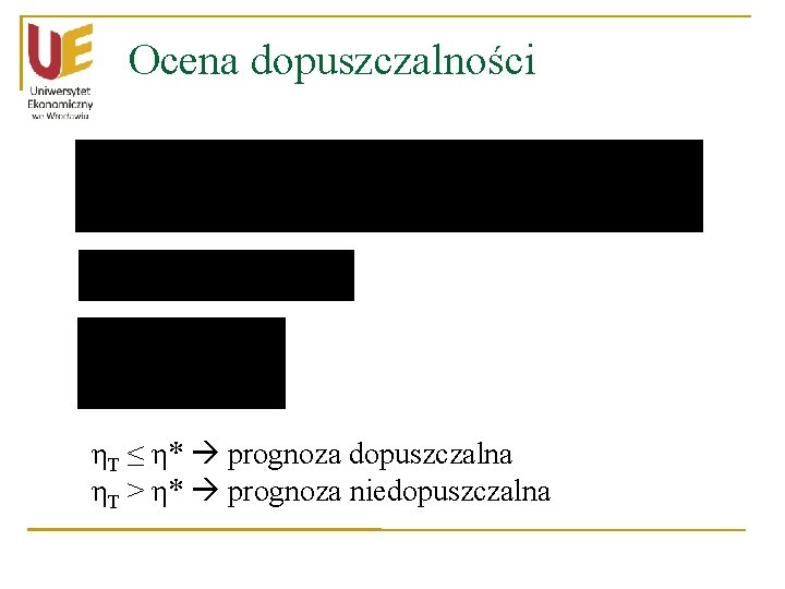 Ocena dopuszczalności ηT ≤ η* prognoza dopuszczalna ηT > η* prognoza niedopuszczalna 