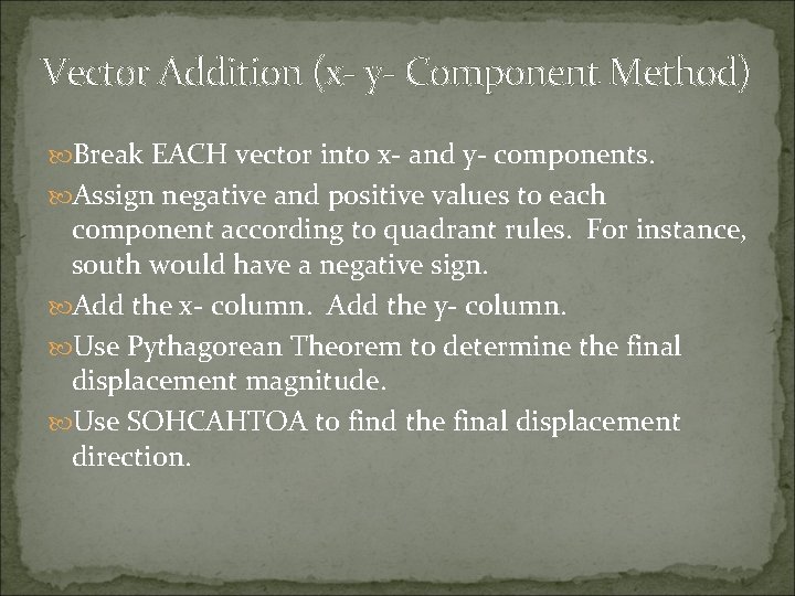 Vector Addition (x- y- Component Method) Break EACH vector into x- and y- components.