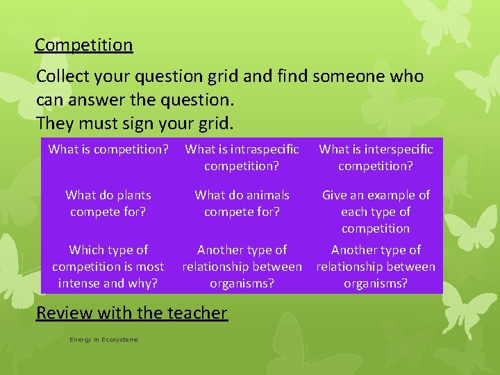 Competition Collect your question grid and find someone who can answer the question. They