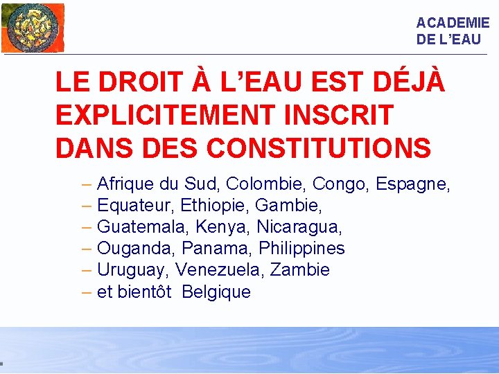 ACADEMIE DE L’EAU LE DROIT À L’EAU EST DÉJÀ EXPLICITEMENT INSCRIT DANS DES CONSTITUTIONS