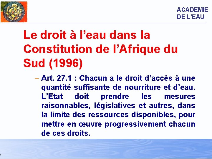 ACADEMIE DE L’EAU Le droit à l’eau dans la Constitution de l’Afrique du Sud