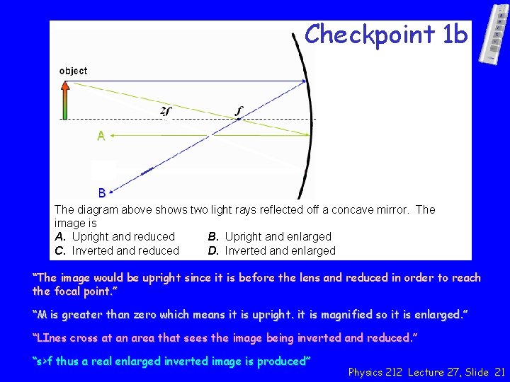 Checkpoint 1 b The diagram above shows two light rays reflected off a concave